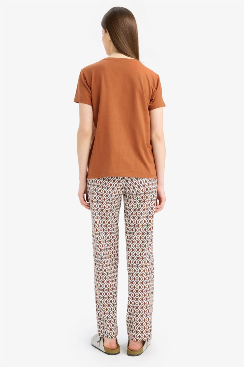 Kadın Koyu Camel Pijama Takımı Kısa Kollu Üst Beli Lastikli Uzun Alt