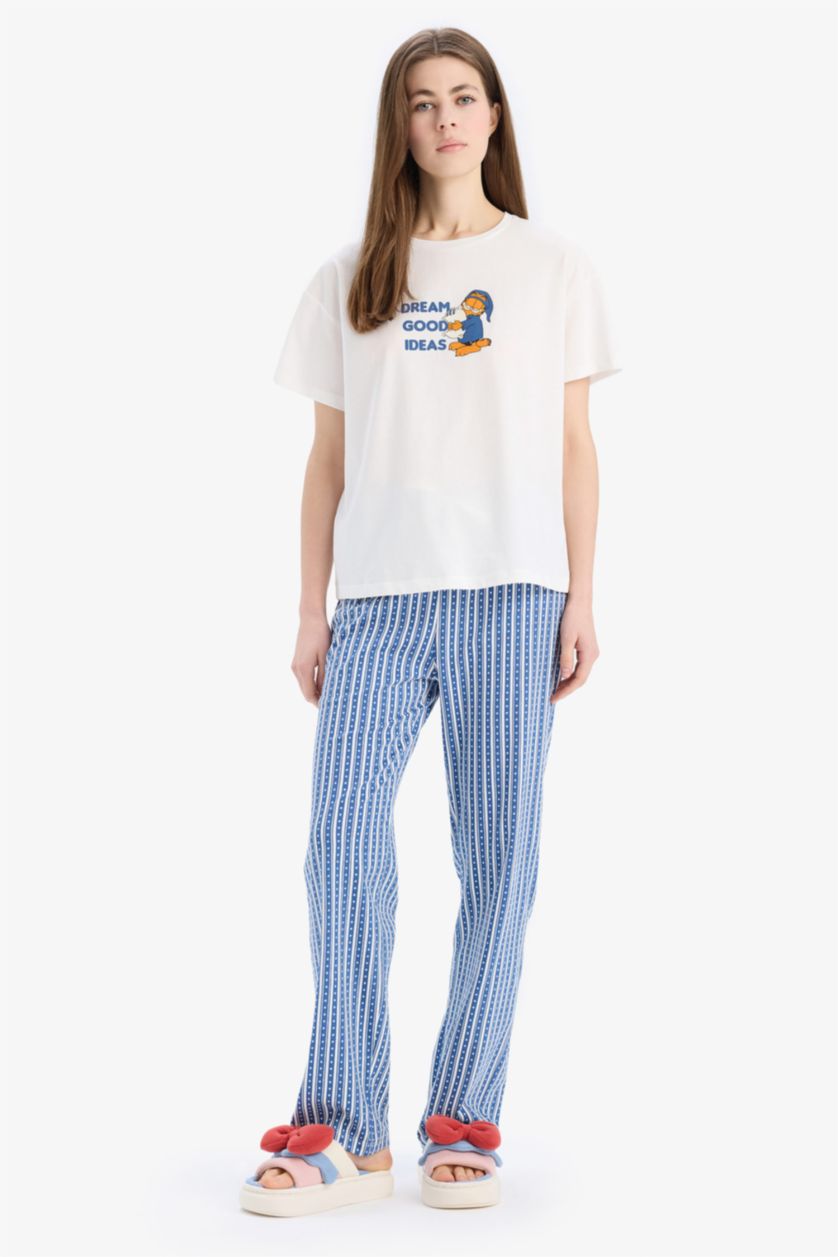 Kadın İndigo Garfield Pijama Takımı Kısa Kollu Üst Beli Lastikli Uzun Alt