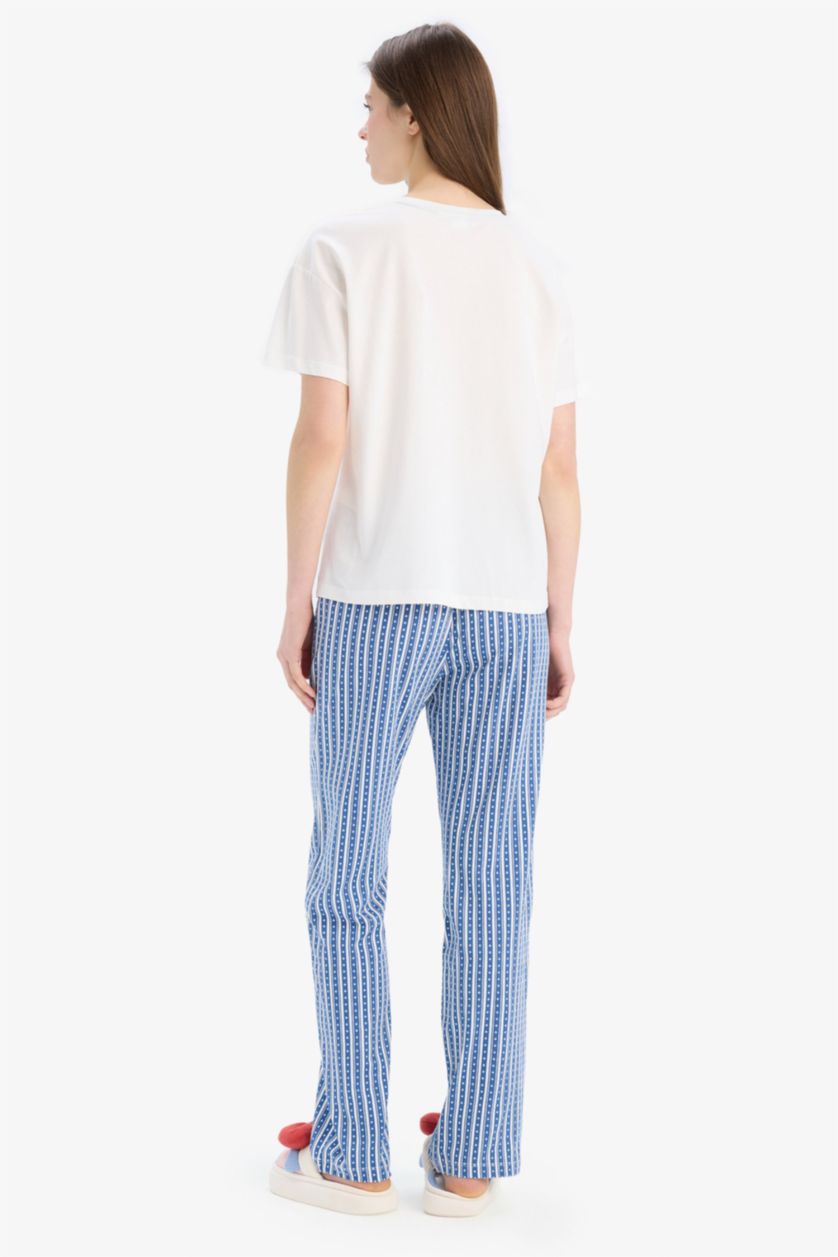 Kadın İndigo Garfield Pijama Takımı Kısa Kollu Üst Beli Lastikli Uzun Alt