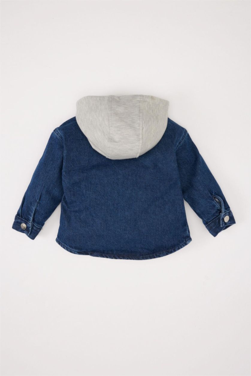 Erkek Bebek Mavi Kapüşonlu Cepli Düğmeli Denim Ceket Erkek Bebek