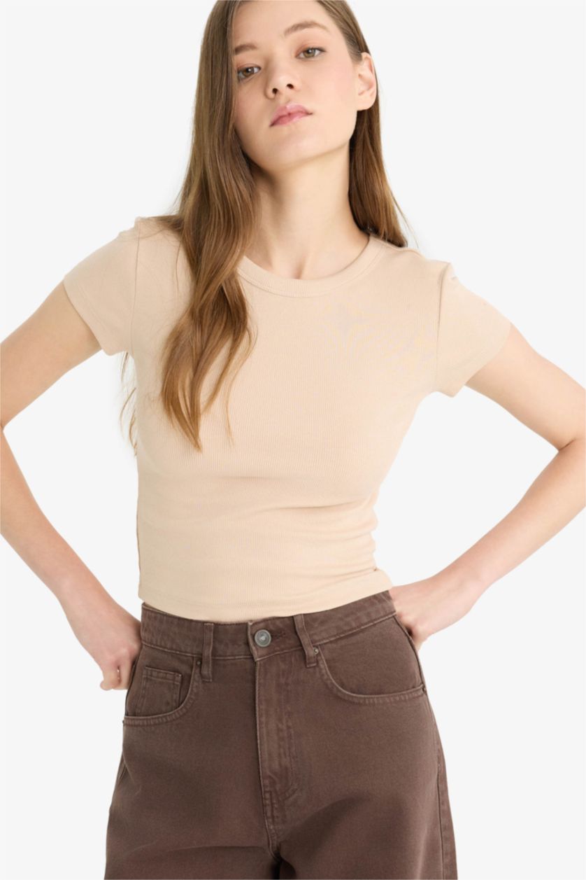 Женщины Бежевый Футболка с короткими рукавами в рубчик Coool