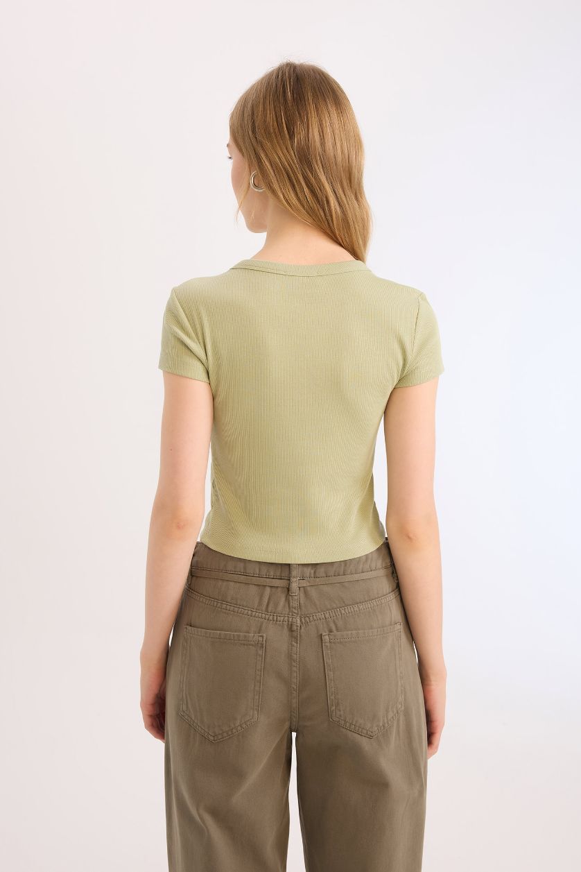 نساء أخضر فاتح تيشيرت نص ردن سادة مضلع مخصر