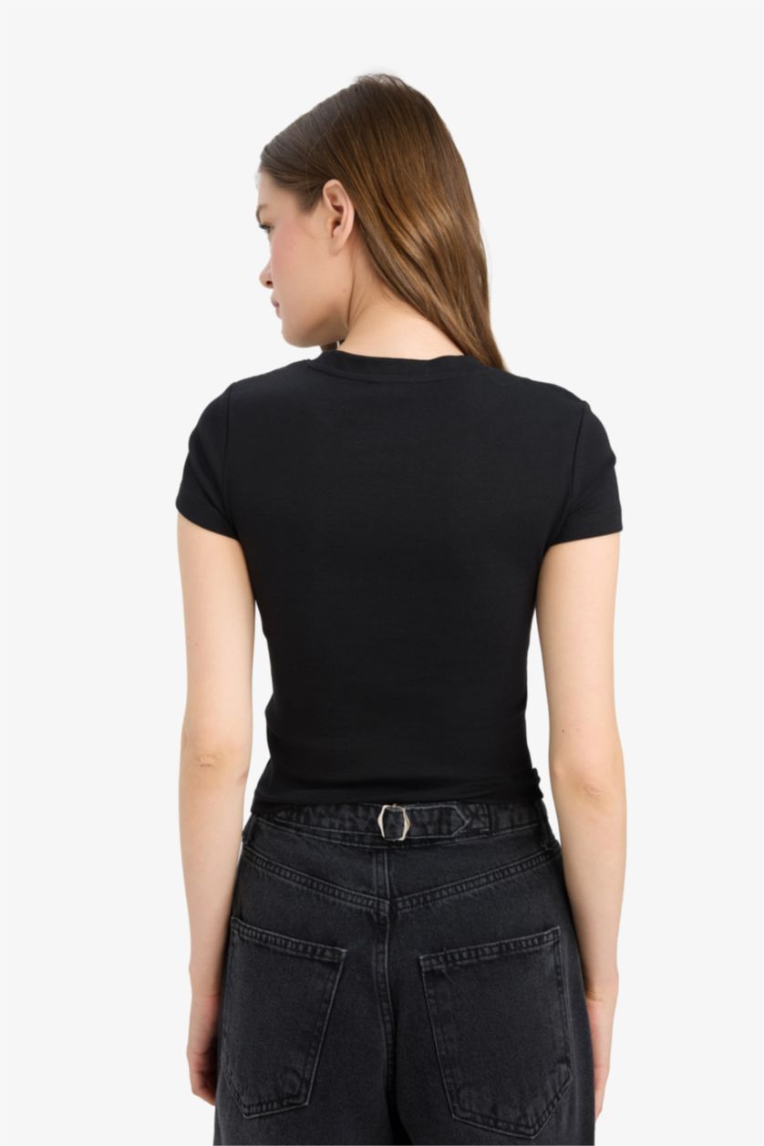 Женщины Черный Облегающая ребристая футболка с круглым вырезом и коротким рукавом