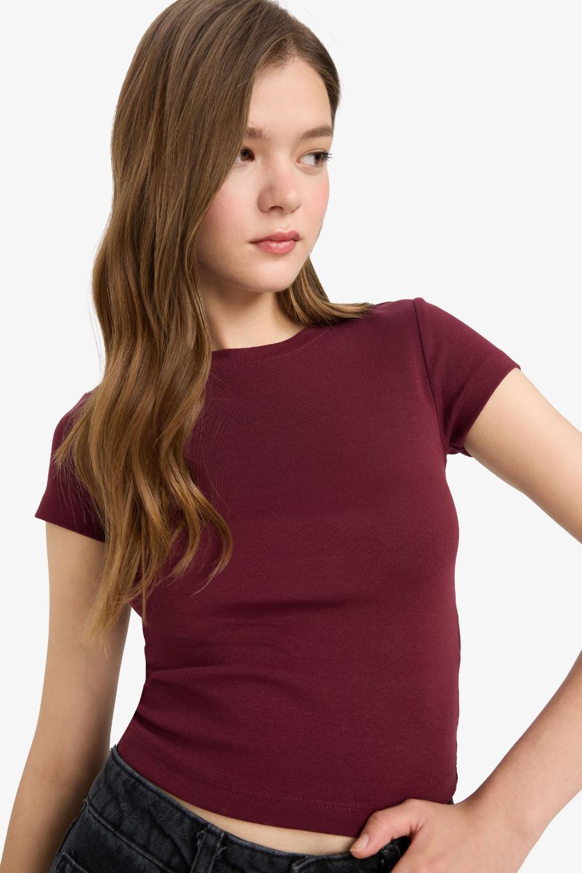 Kadın Bordo Fitted Bisiklet Yaka Ribana Kısa Kollu Tişört