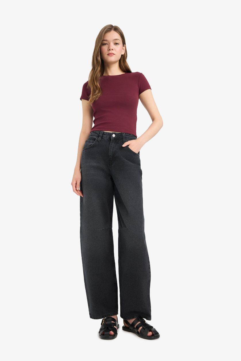 Kadın Bordo Fitted Bisiklet Yaka Ribana Kısa Kollu Tişört