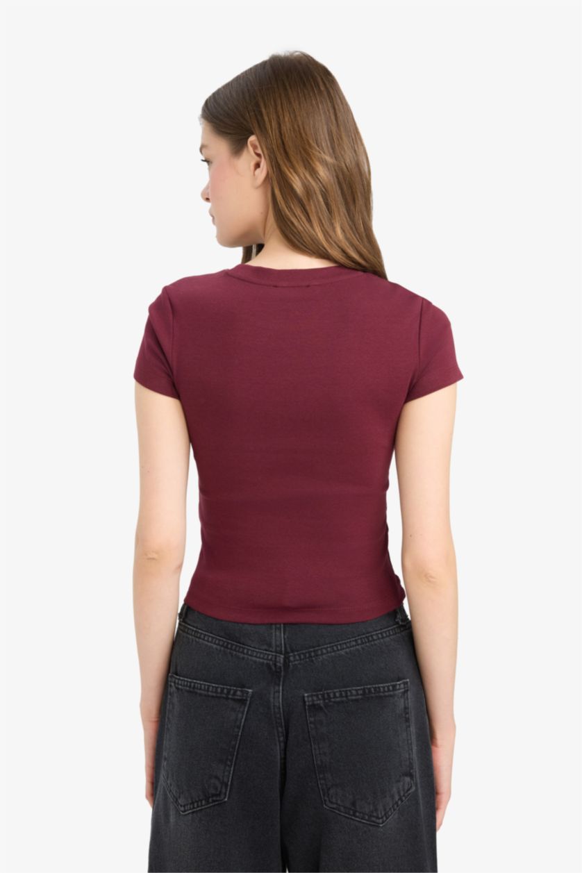 Kadın Bordo Fitted Bisiklet Yaka Ribana Kısa Kollu Tişört