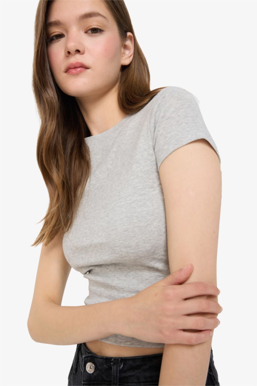 Kadın Gri Melanj Fitted Bisiklet Yaka Ribana Kısa Kollu Tişört