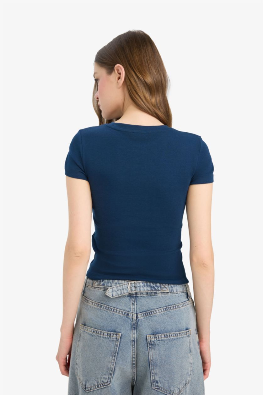 Kadın Lacivert Fitted Bisiklet Yaka Ribana Kısa Kollu Tişört