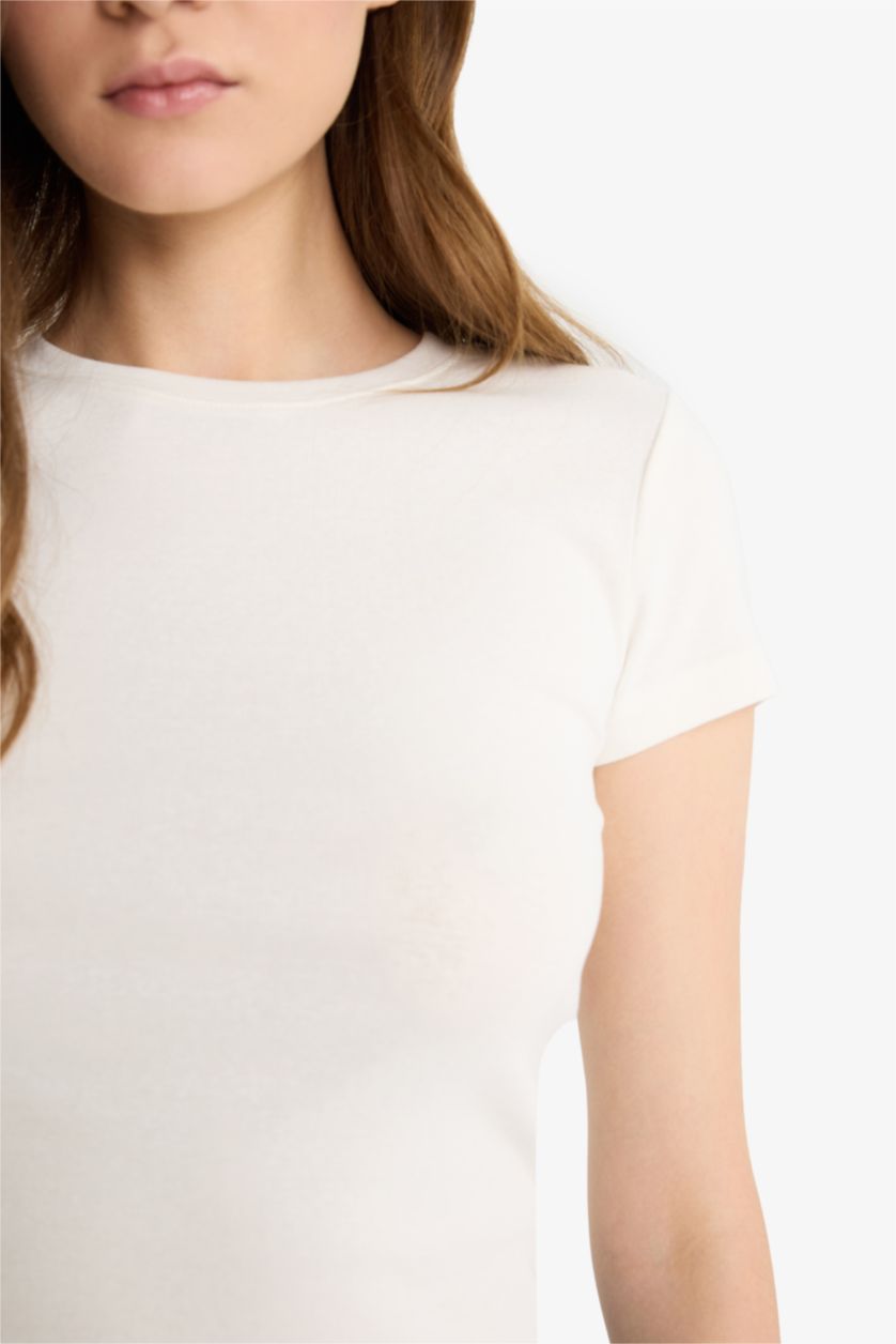 WOMAN White Fitted Ribbed Crew Neck Short Sleeve Basic T-Shirt