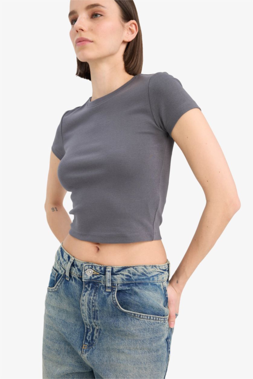 FEMME Anthracite T-shirt slim basique à col rond et manches courtes