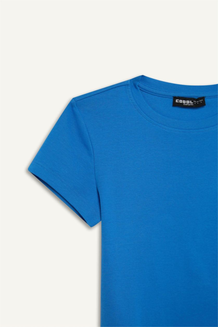 Kadın Mavi Fitted Bisiklet Yaka Ribana Kısa Kollu Tişört