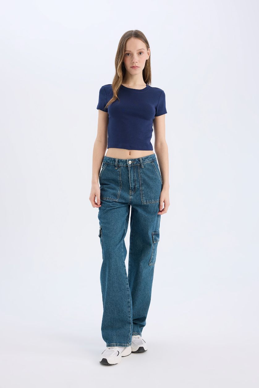 Kadın Lacivert Fitted Basic Düz Ribana Kısa Kollu Tişört