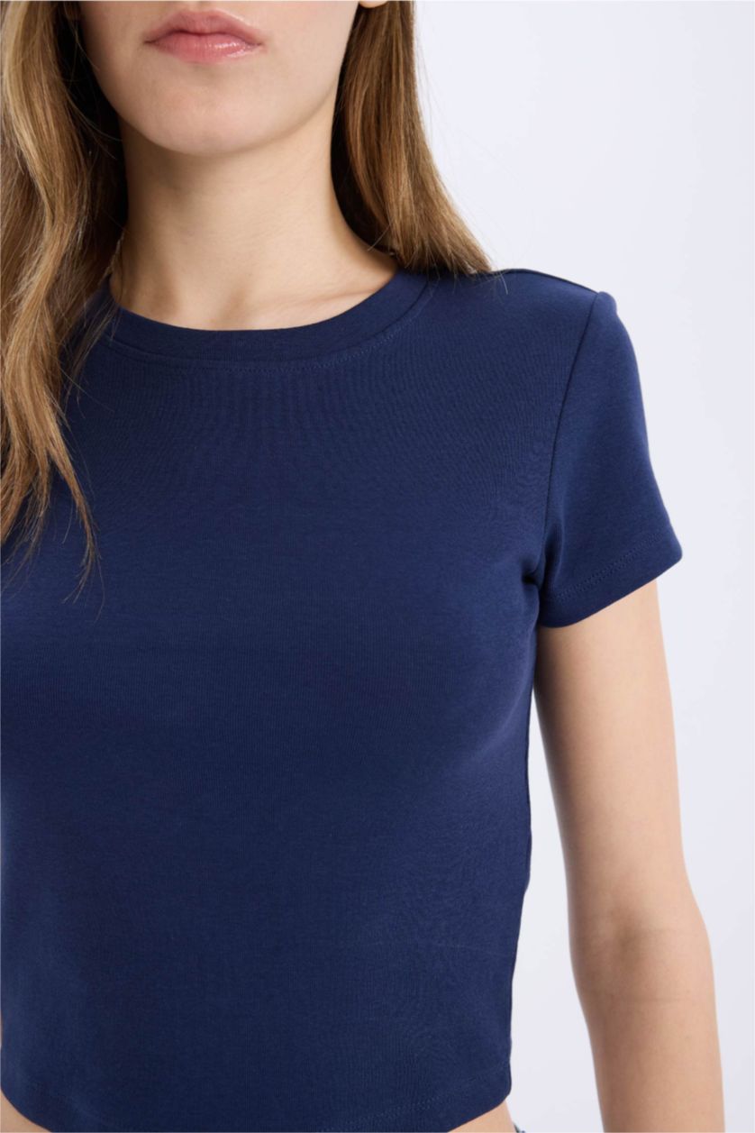 Kadın Lacivert Fitted Basic Düz Ribana Kısa Kollu Tişört