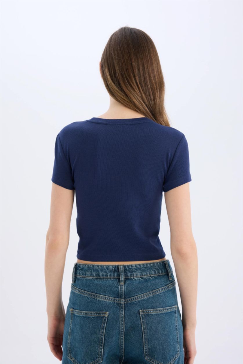 Kadın Lacivert Fitted Basic Düz Ribana Kısa Kollu Tişört