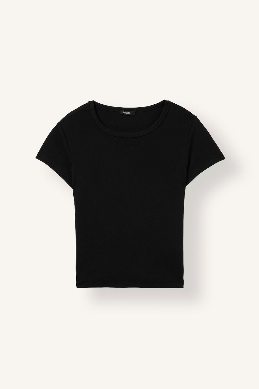 Kadın Siyah Fitted Bisiklet Yaka Ribana Basic Tişört