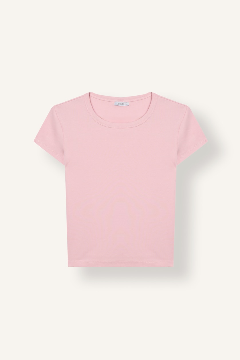 Woman Light Pink Slim Fit Ribana Short Sleeve T-Shirt