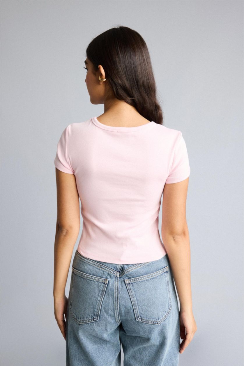 Kadın Açık Pembe Fitted Kısa Kollu Ribana Basic Tişört