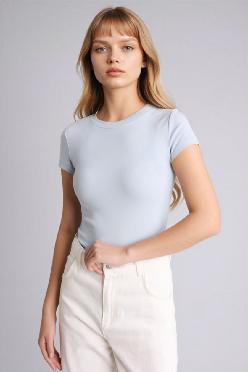 Женщины Светло-синий Slim Fit Ribana Short Sleeve T-Shirt