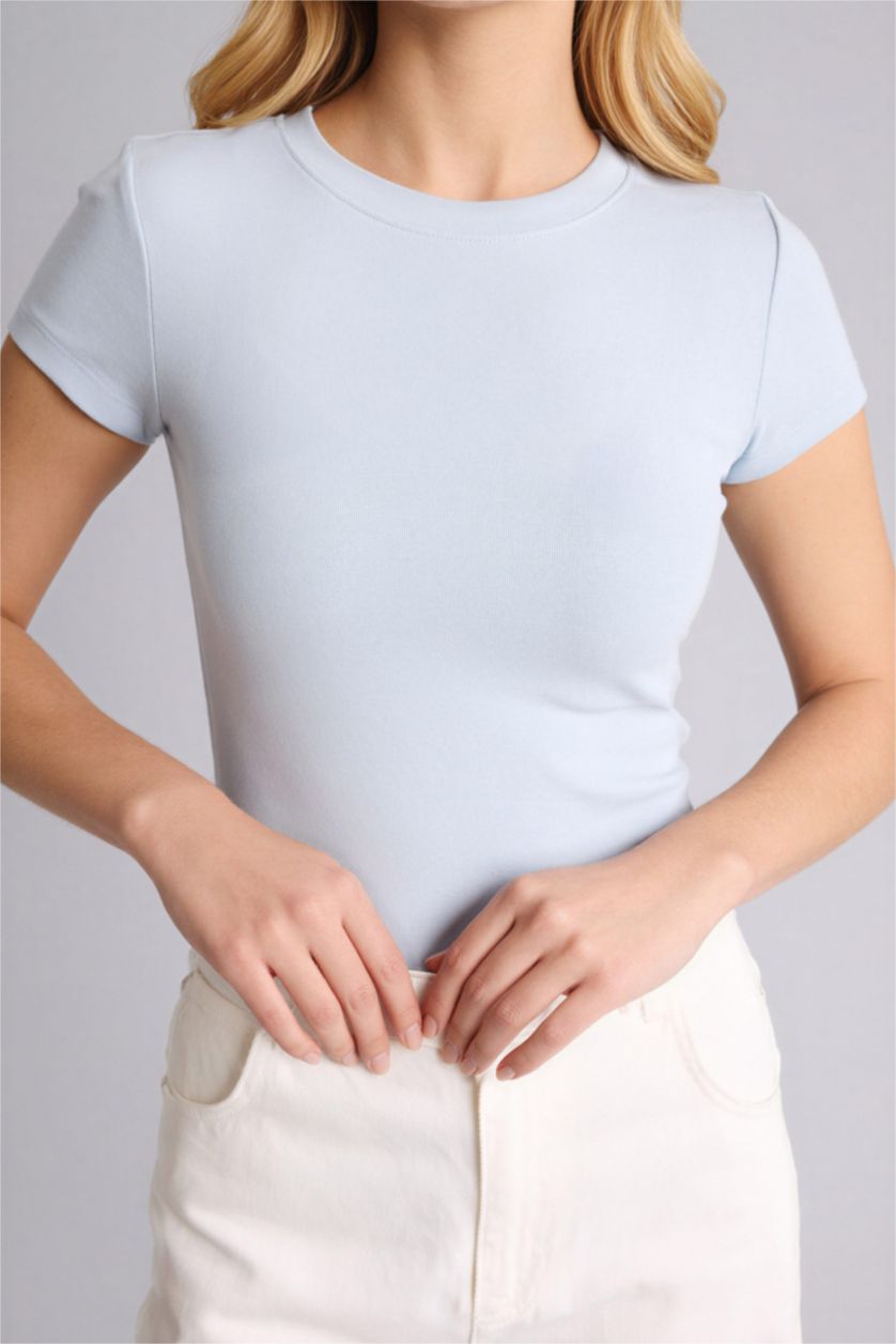 Женщины Светло-синий Slim Fit Ribana Short Sleeve T-Shirt