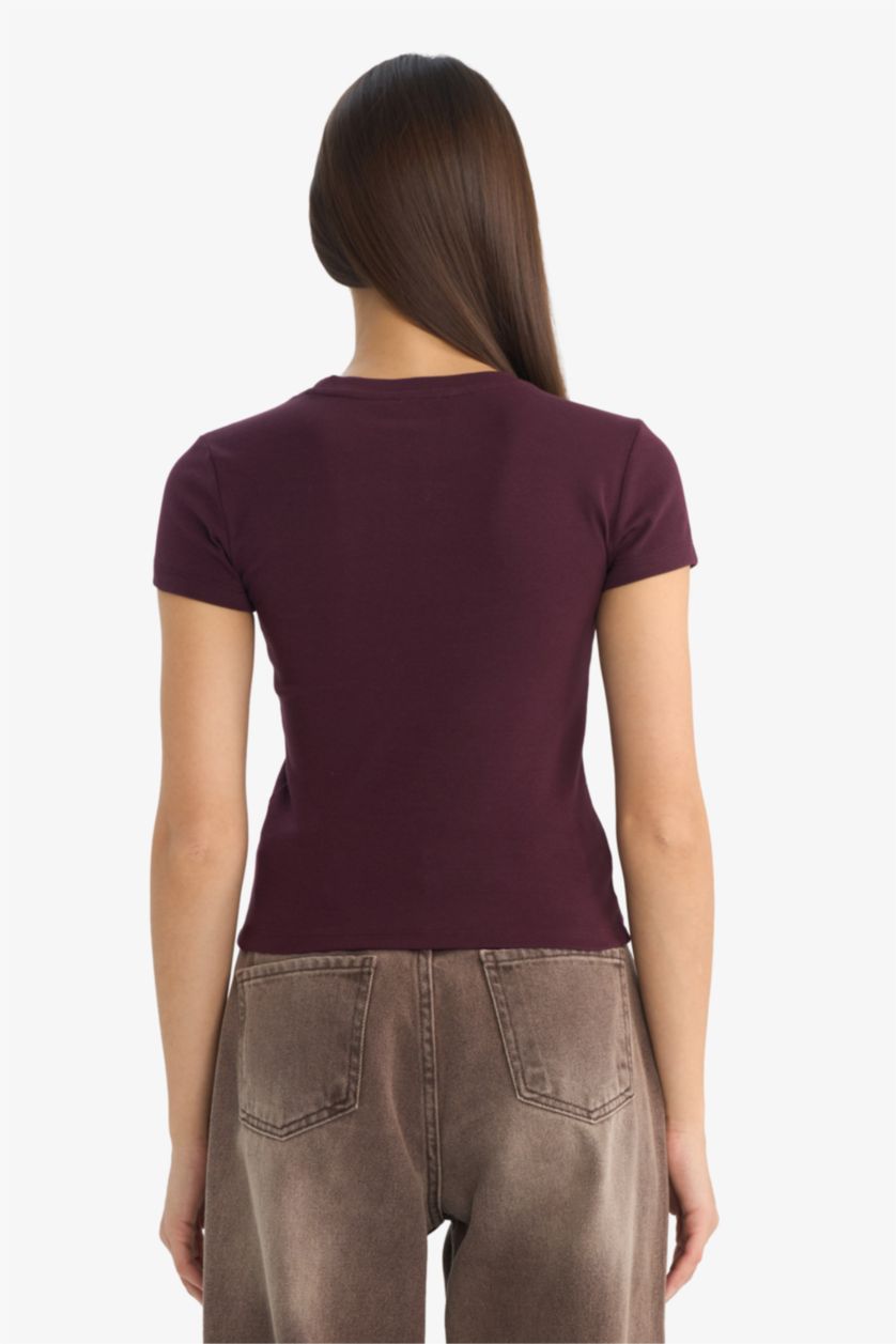 Woman Bordeaux Slim Fit Crew Neck Ribbed Short Sleeve T-Shirt