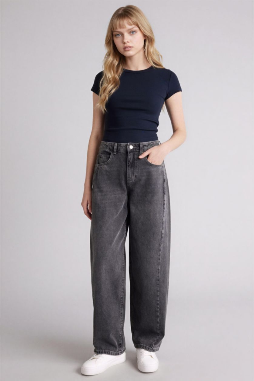 Kadın Lacivert Fıtted Bisiklet Yaka Ribana Kısa Kollu Tişört