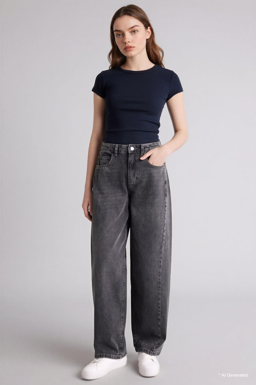Kadın Lacivert Fitted Bisiklet Yaka Ribana Basic Tişört