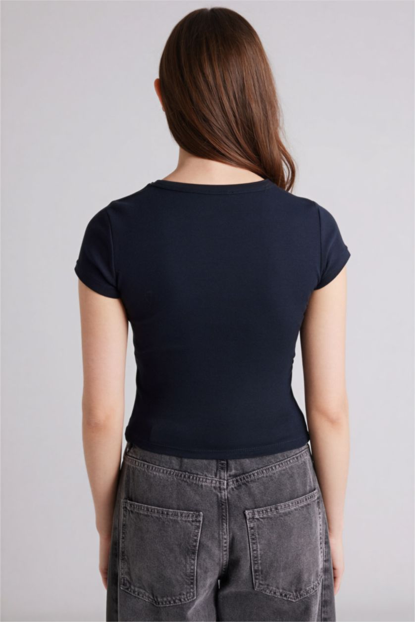 Kadın Lacivert Fıtted Ribana Kısa Kollu Tişört