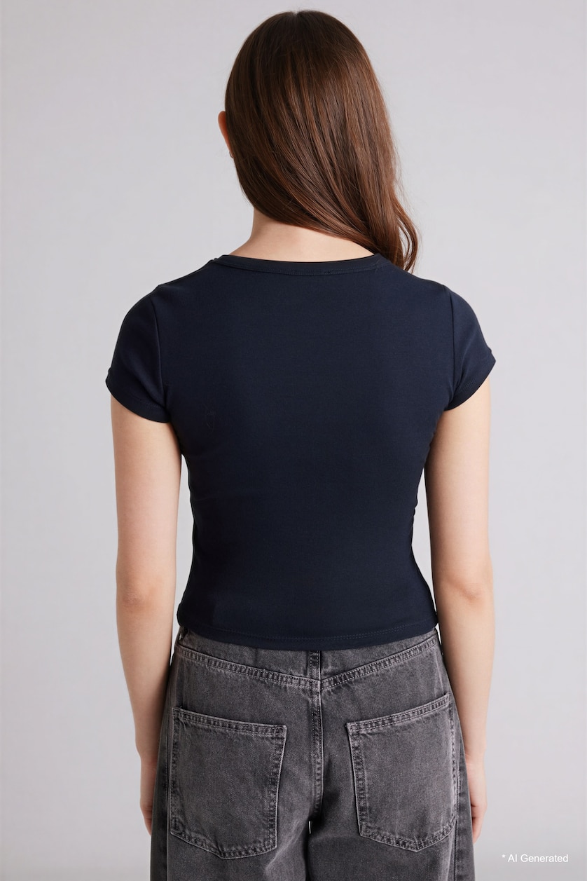 Kadın Lacivert Fitted Bisiklet Yaka Ribana Basic Tişört