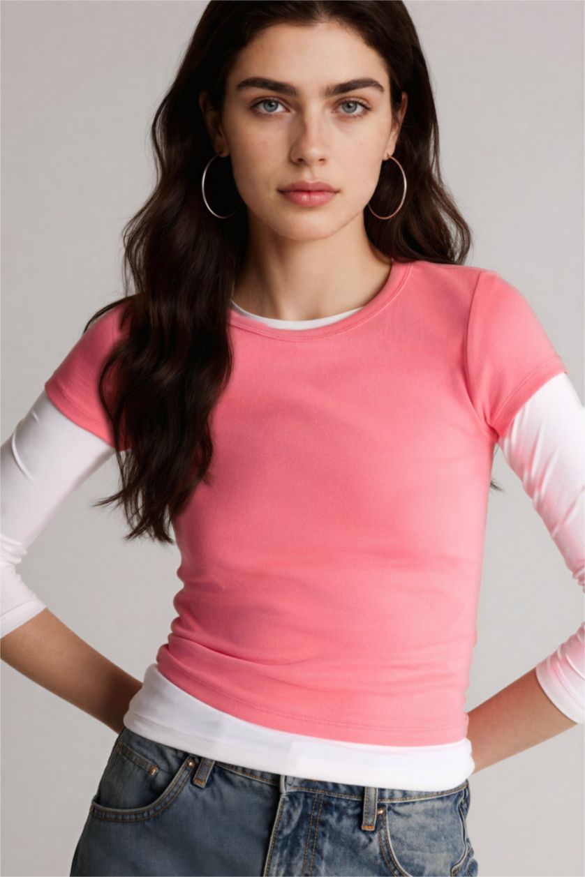 Kadın Pembe Kısa kollu Ribana Tişört