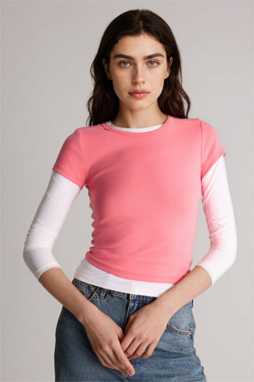 Kadın Pembe Kısa kollu Ribana Tişört