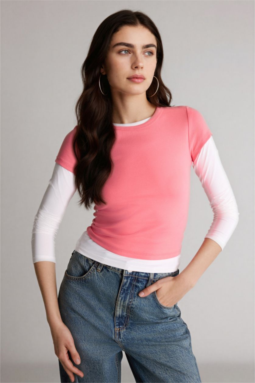 Kadın Pembe Kısa kollu Ribana Tişört