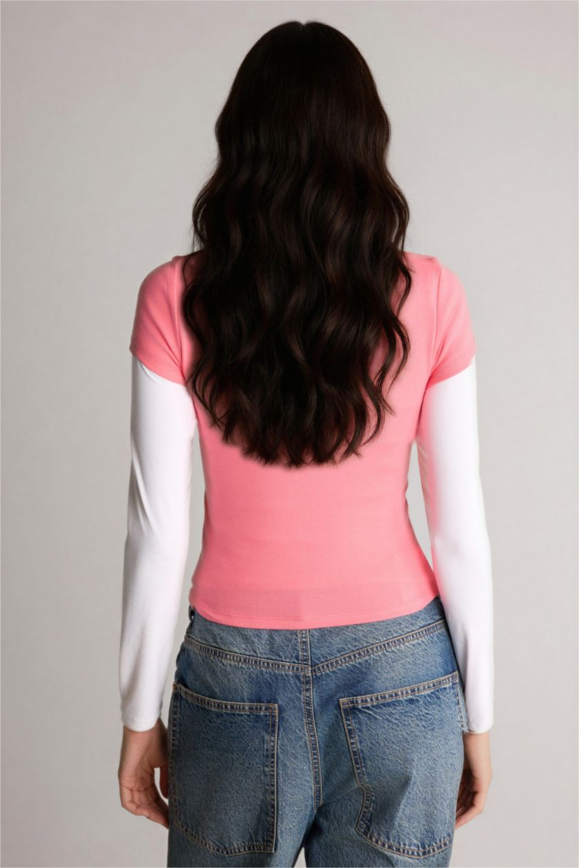 Kadın Pembe Kısa kollu Ribana Tişört