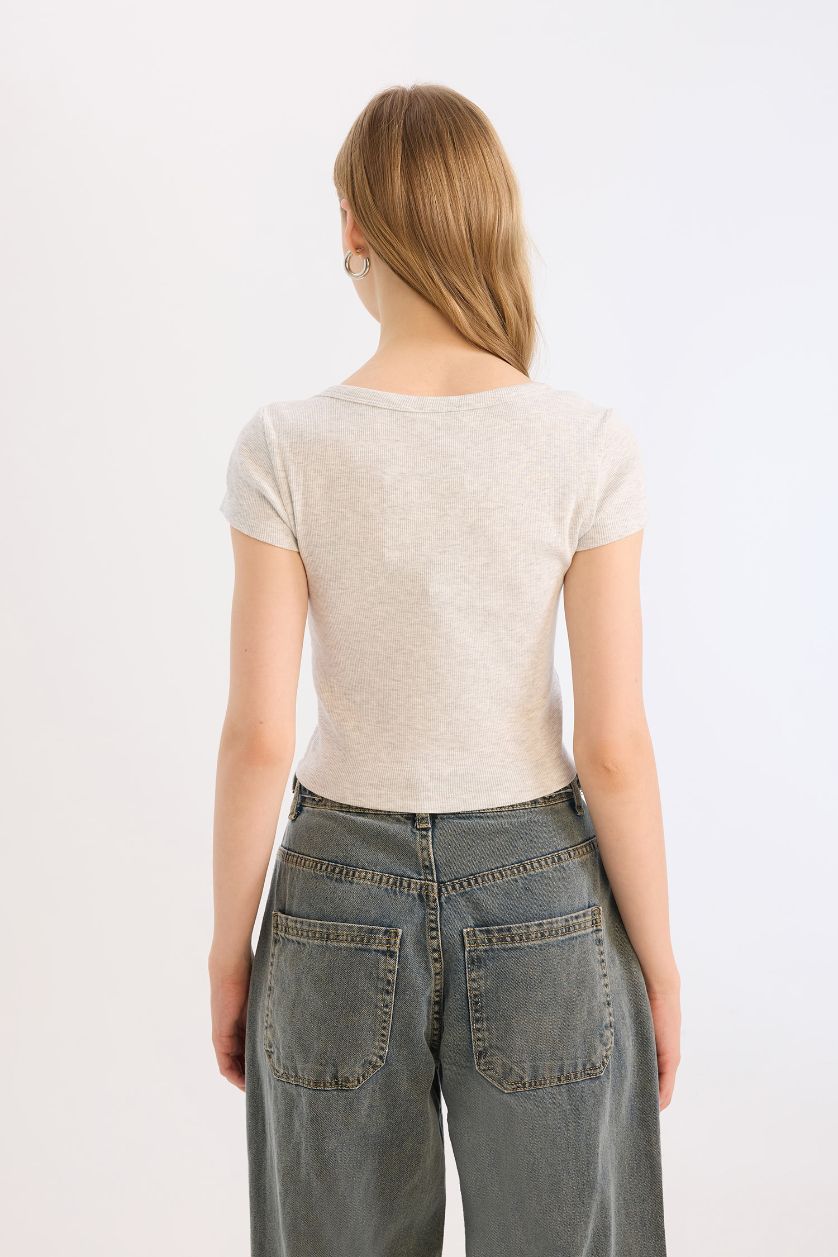 Kadın Gri Melanj V Yaka Fitted Fitilli Kaşkorse Kısa Kollu Tişört