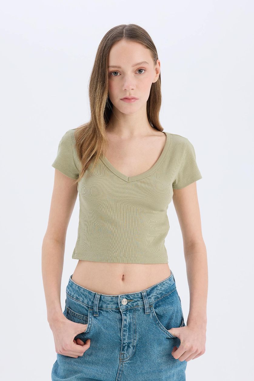 Kadın Açık Haki Fıtted Fitilli Kaşkorse Basıc Tişört