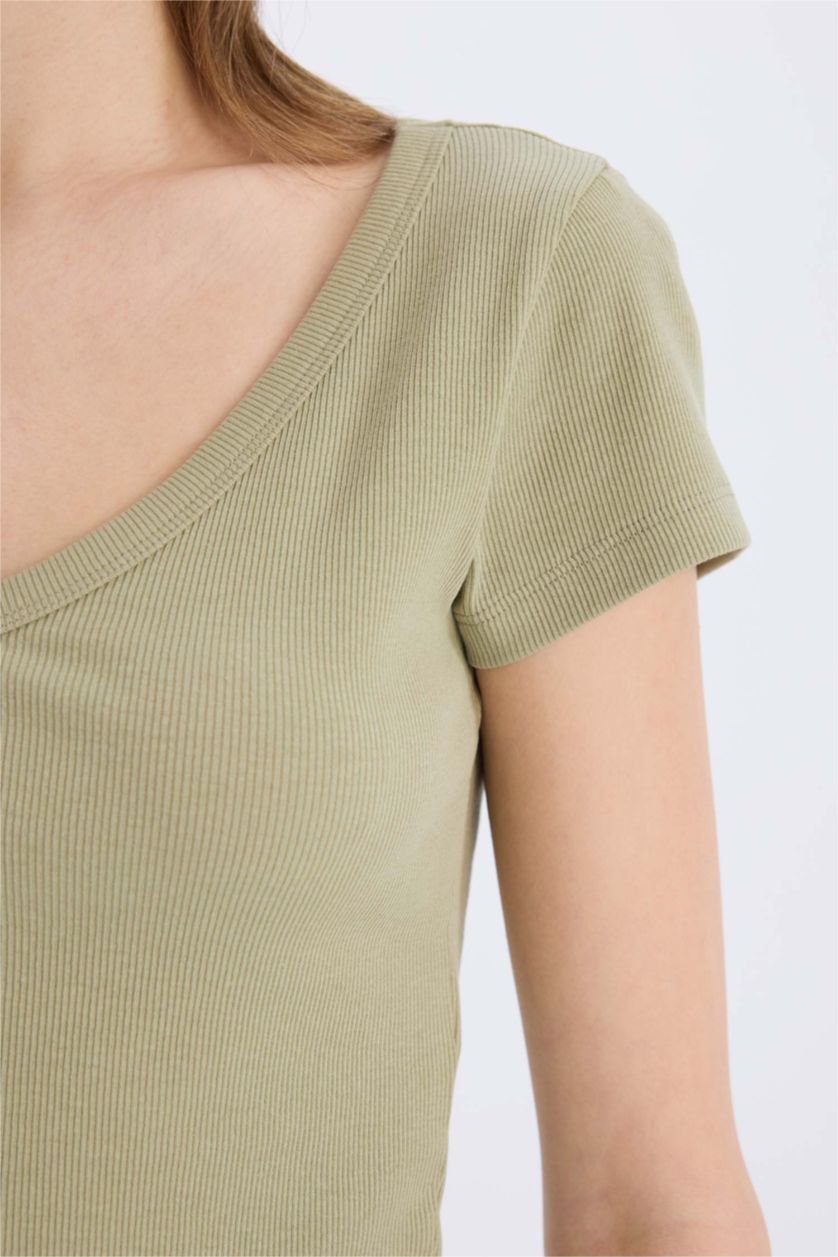 Kadın Açık Haki Fıtted Fitilli Kaşkorse Basıc Tişört