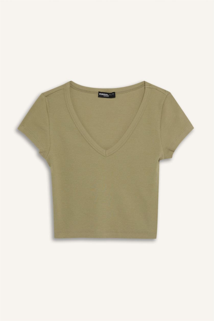 Kadın Açık Haki Fıtted Fitilli Kaşkorse Basıc Tişört