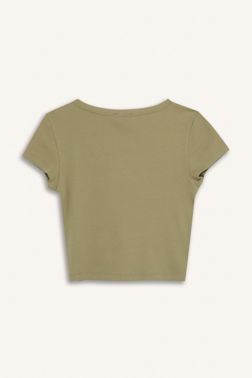 Kadın Açık Haki Fıtted Fitilli Kaşkorse Basıc Tişört