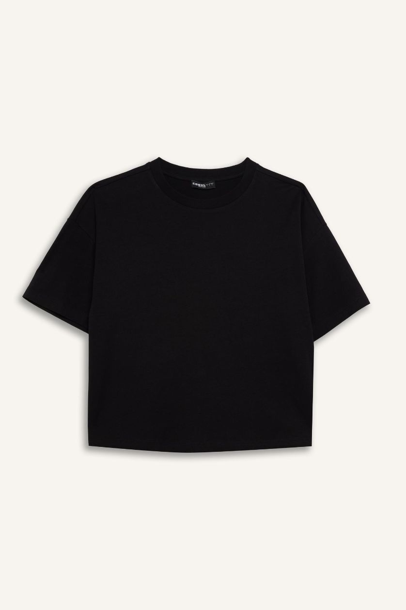 Kadın Siyah Loose Fit Bisiklet Yaka Basic Düz Kalın Kısa Kollu Siyah Tişört