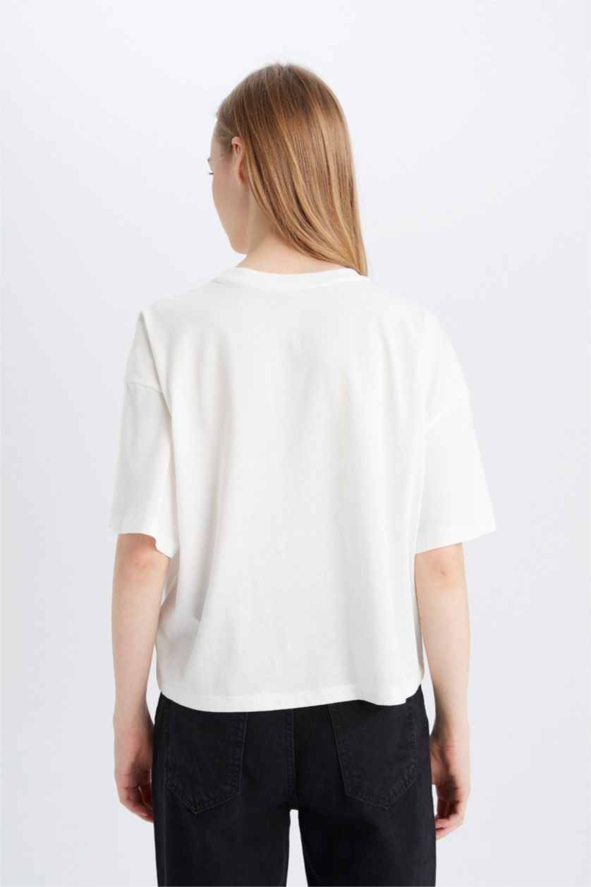 WOMAN White Loose Fit Crew Neck Basic Thick Fabric Short Sleeve T-Shirt