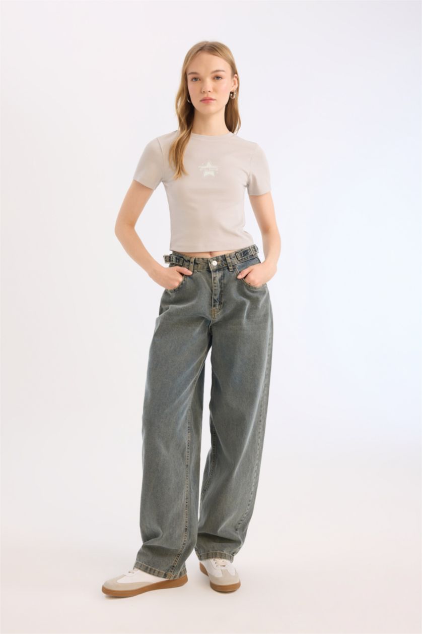 Woman Light Grey Slim Fit Printed Ribana Short Sleeve T-Shirt