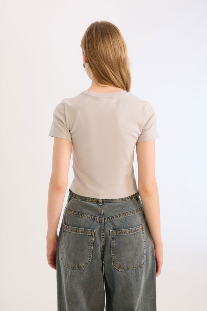 Woman Light Grey Slim Fit Printed Ribana Short Sleeve T-Shirt