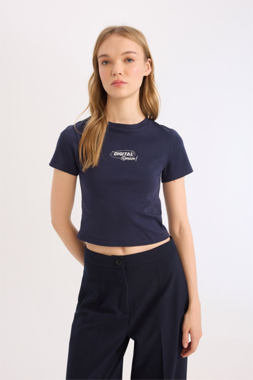 نساء كحلي تيشيرت سليم فيت مضلع بطبعة حروف