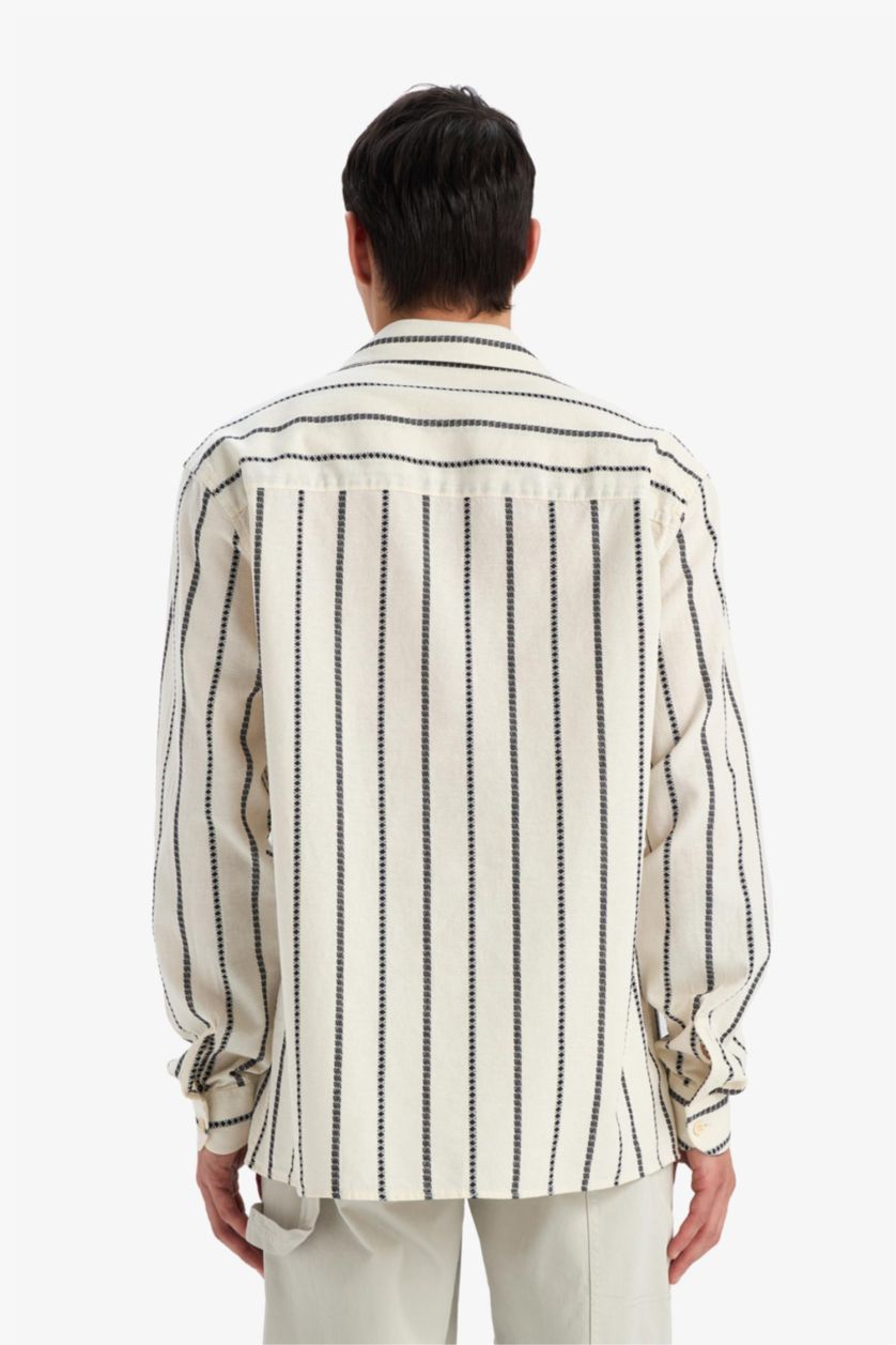 Erkek Taş %100 Pamuk Relax Fit Çizgili Uzun Kollu Gömlek