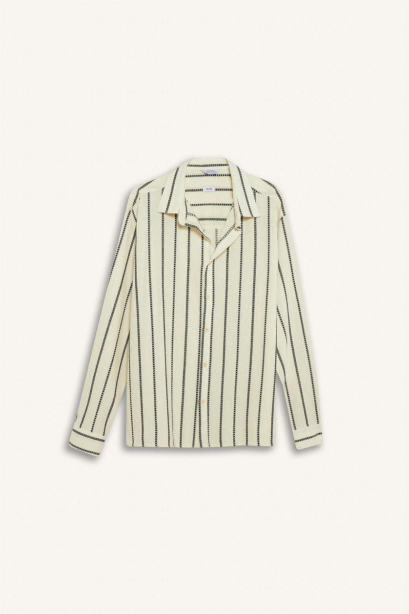 Erkek Taş %100 Pamuk Relax Fit Çizgili Uzun Kollu Gömlek