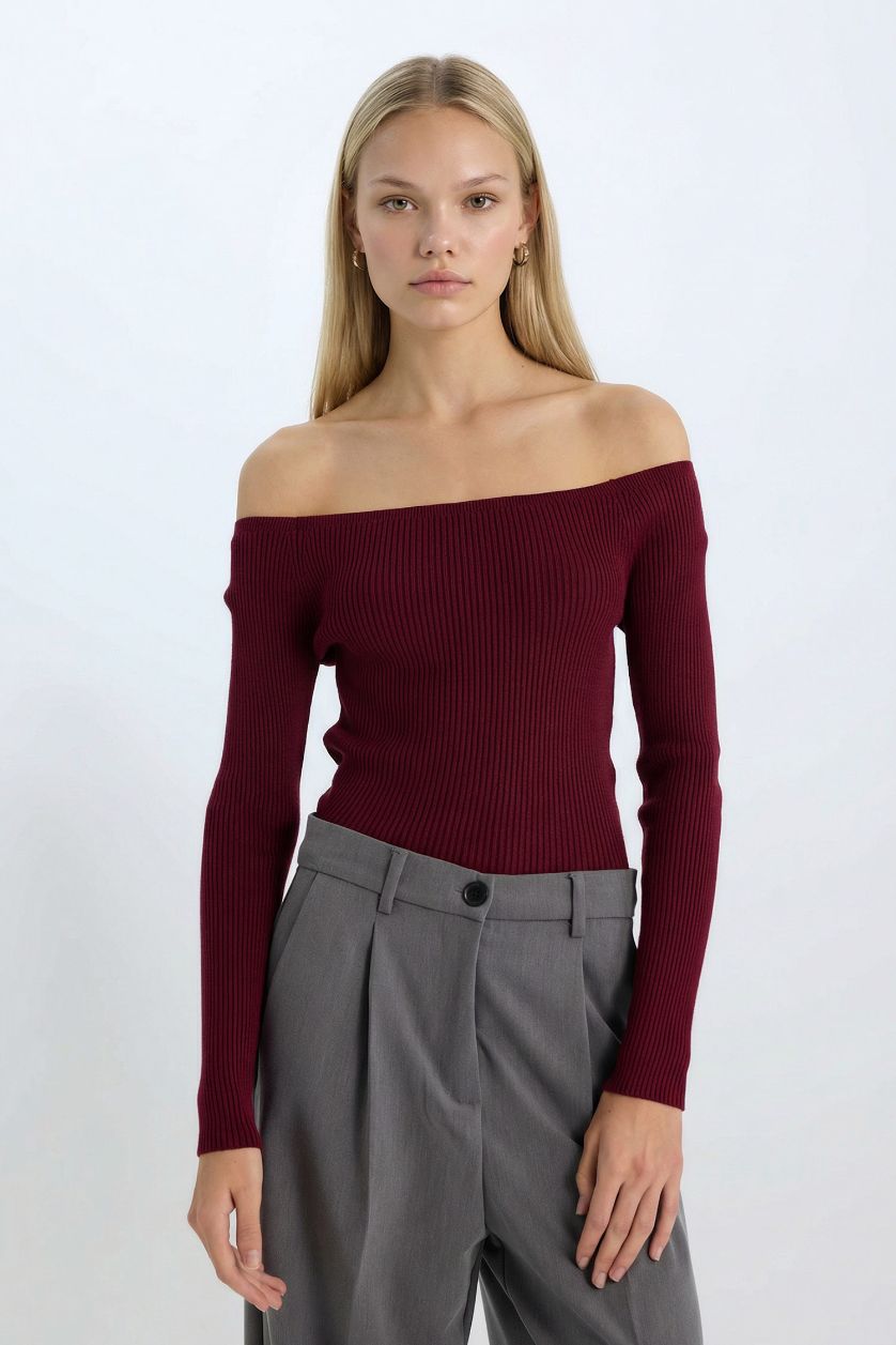 Kadın Bordo Fıtted Açık Omuz Basıc Bordo Triko Kazak