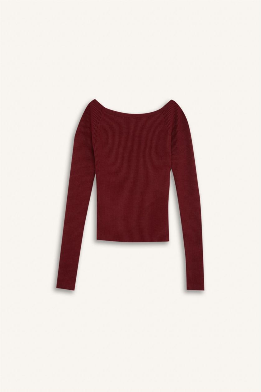 Kadın Bordo Fıtted Açık Omuz Basıc Bordo Triko Kazak