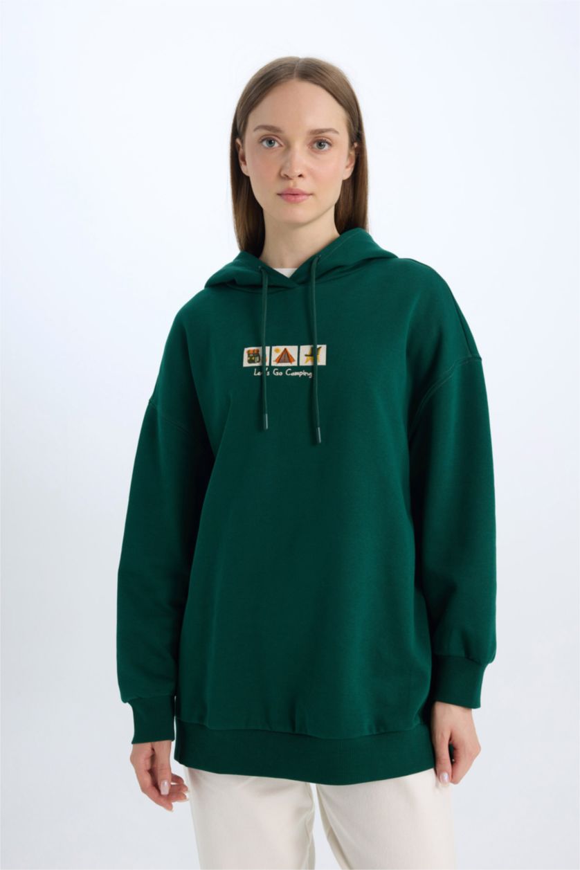 Kadın Koyu Yeşil Relax Fit Baskılı Kapüşonlu İçi Yumuşak Tüylü Kalın Sweatshirt Tunik