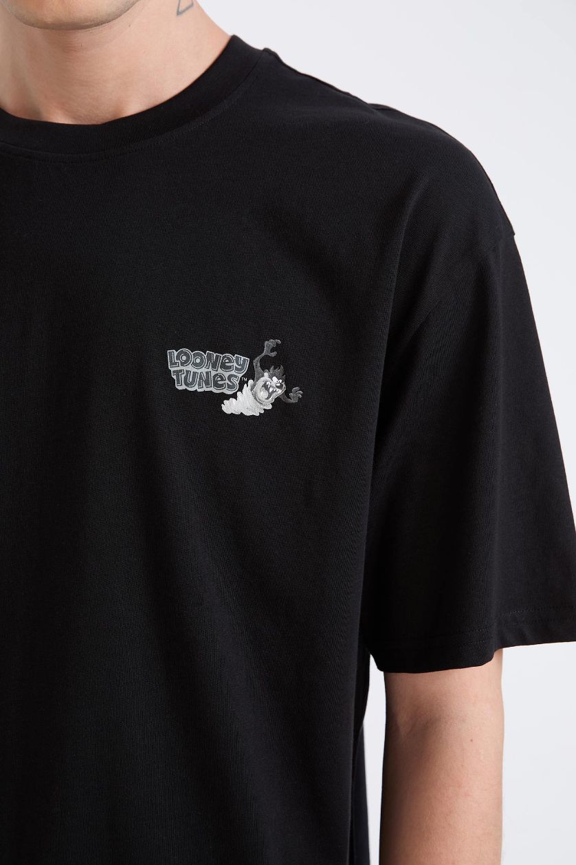 Erkek Siyah %100 Pamuk Looney Tunes Boxy Fit Bisiklet Yaka Sırt Baskılı Kısa Kollu Tişört