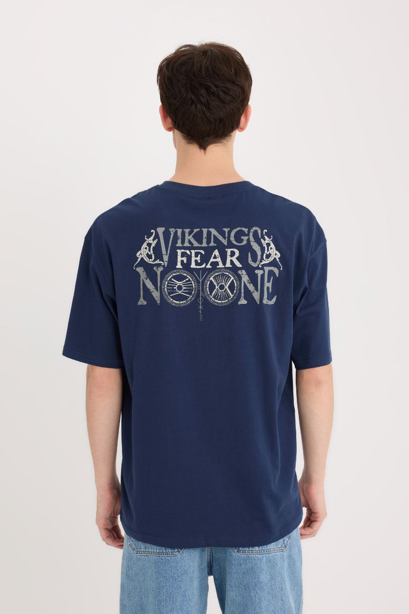 Erkek Lacivert %100 Pamuk Vikings Valhalla Boxy Fit Bisiklet Yaka Sırt Baskılı Kısa Kollu Tişört