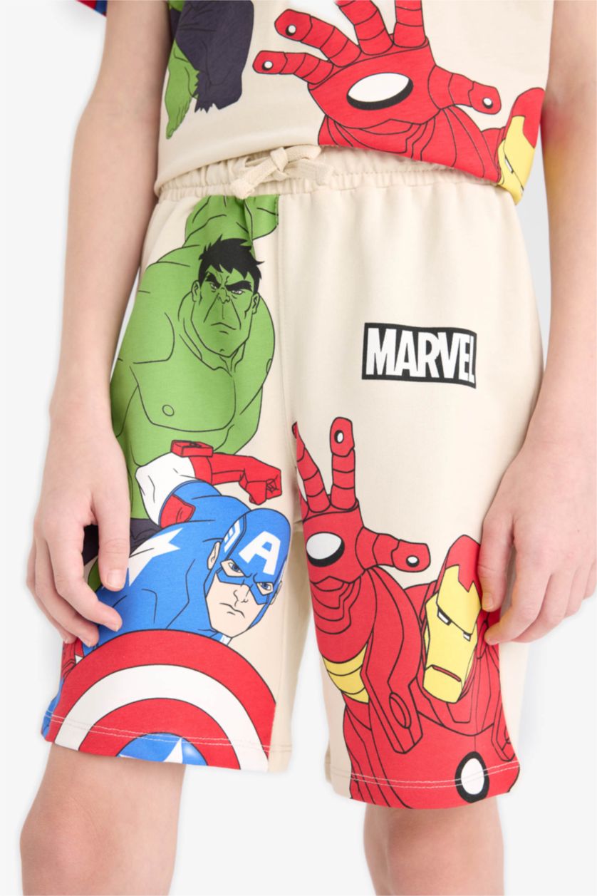 Erkek Çocuk - Genç Erkek Bej Marvel Avengers 2'li Takım Kısa Kollu Tişört Şort Erkek Çocuk